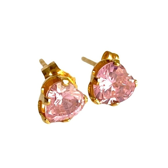 Vintage 10K Gold Pink Heart CZ Stud Earrings